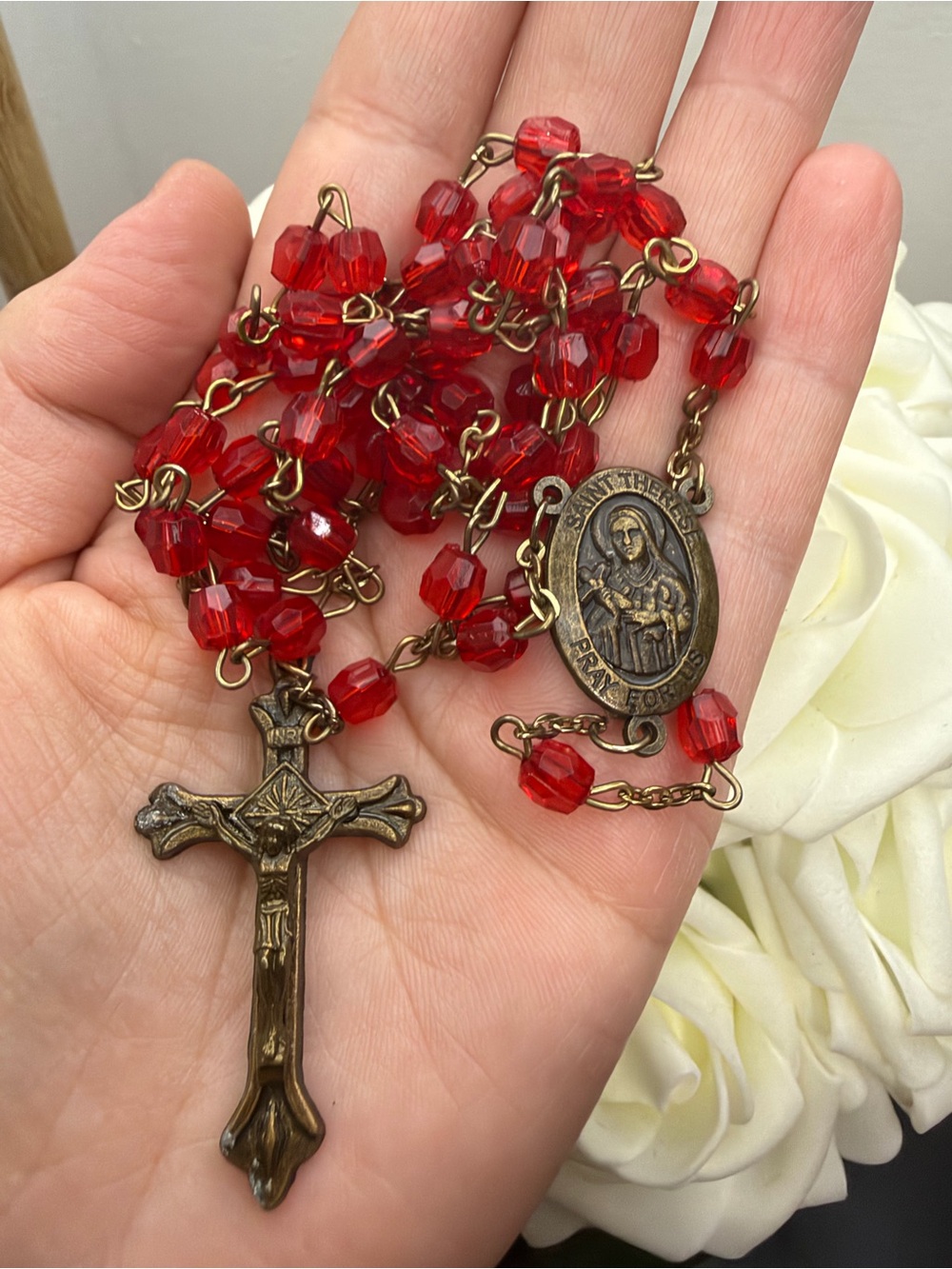 Vintage-Style Red Beaded Rosary Necklace - Unbranded